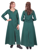 FAYE Cotton Forest Green - Medieval Viking Women’s Front and Back Slitted Dress with Hand-Stitched Seams